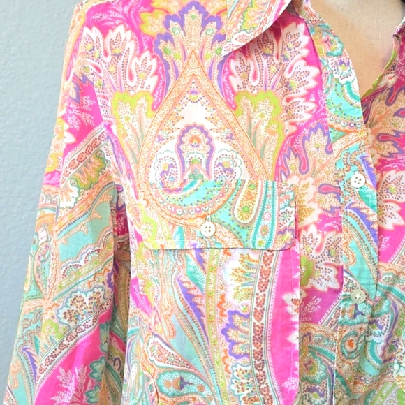 RAPLH LAUREN Paisley Print Button Down 100% Cotton Shirt Pastel Colors Sz Large - Picture 4 of 14